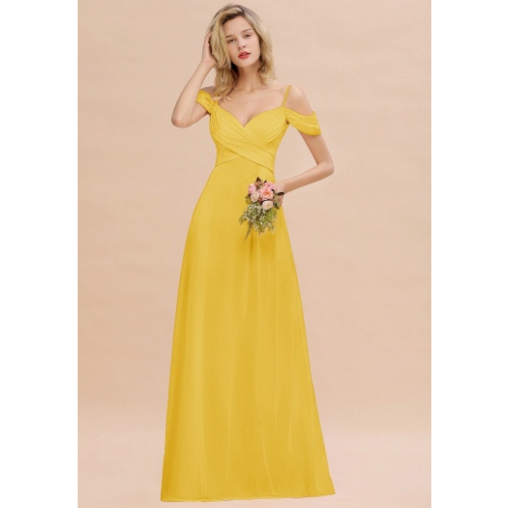 BMbridal Off-the-Shoulder Sweetheart Ruched Long Bridesmaid Dress in yellow